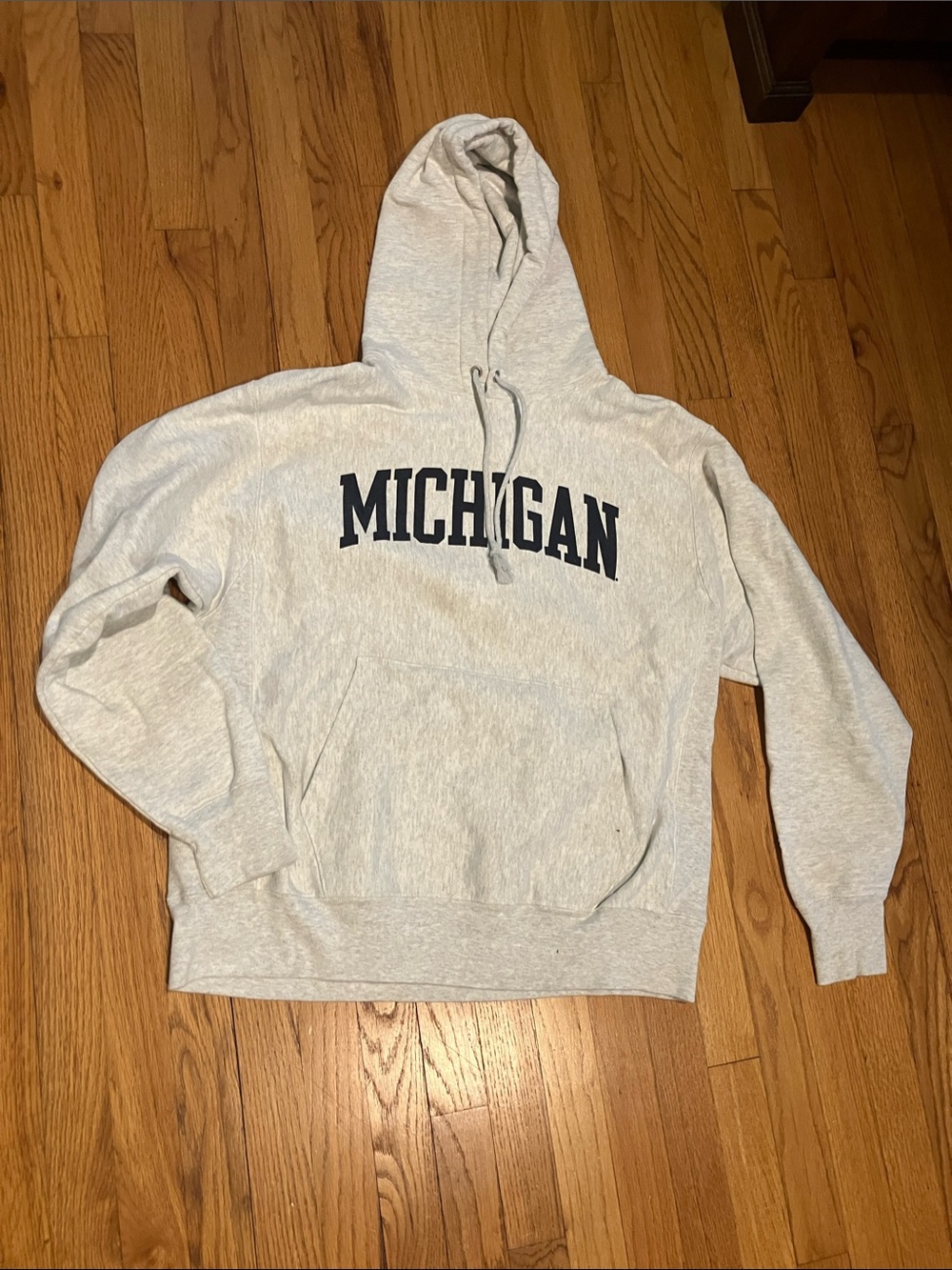 Champion Light Gray Michigan Pullover Hoodie Sweatshirt with Navy Logo large